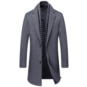 Men's mid-length thick woolen overcoat with stylish houndscoth lining design detail for winter.