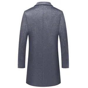 Detailed back view of men's thickened wool overcoat, classic grey mid-length winter coat.