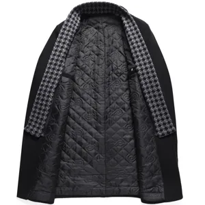 Men winter woolen overcoat detail view, thick mid-length trench coat with houndstooth collar.