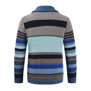 Men's casual striped knit cardigan back view, cozy lapel autumn winter sweater outerwear.