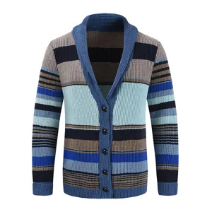 Mens knitted cardigan sweater with multi color horizontal stripes and classic lapel fit.
