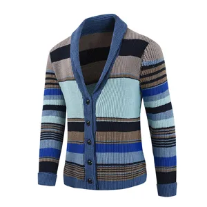 Detailed view of the mens shawl collar color block striped knitted cardigan with front buttons.