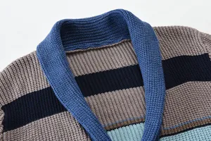 Close-up of men's color-block knitted cardigan shawl collar texture winter sweater detail view