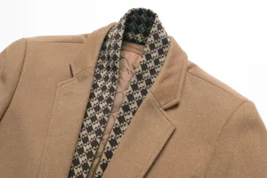 Detailed shot of men's camel wool blend overcoat featuring stylish houndstooth collar design.