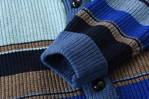 Close-up detail shot of mens colorful striped knit cardigan sweater cuff and fabric texture.