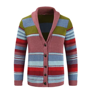Mens colorful striped knit cardigan detail, vintage shawl collar and button closure design view.