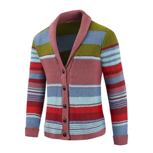 Mens colorblock striped knit cardigan sweater with shawl collar and button front.