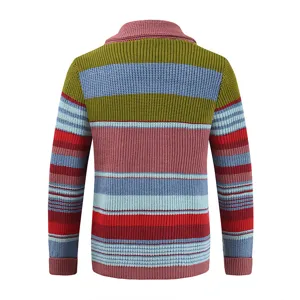 Detailed back view of men's stylish colorful striped knit cardigan sweater with lapel collar.