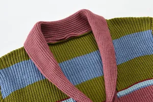 Collar detail of men color block knitted cardigan sweater showing thick textured fabric craft.