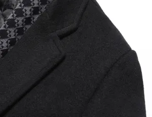 Men's woolen winter coat fabric detail showing classic houndstooth collar design.