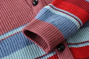 Close-up detail of mens colorblock striped knitted cardigan sweater, showing fine ribbed cuffs.