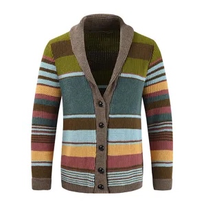 Men's Color Block Knitted Cardigan Casual Striped Shawl Collar Sweater Outerwear