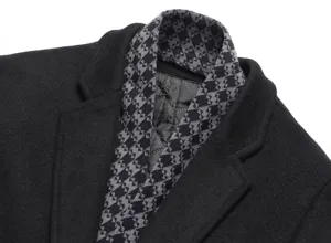 Detail shot of men's thick wool blend trench coat with houndstooth collar and quilted lining.