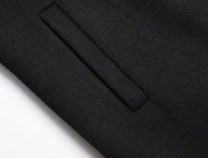 Close-up detail of black wool blend winter coat pocket, fine stitching and texture