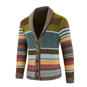 Men's retro colorful striped knit cardigan sweater with shawl collar and front buttons.