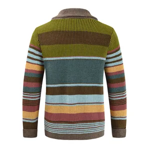 Men's autumn winter colorblock knit cardigan back view showing striped pattern and collar.