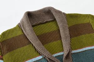 Men's cozy shawl collar colorblock knit cardigan sweater detailed closeup view