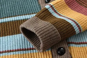 Close-up detailed view of colorful striped knit sweater cuff and quality fabric.