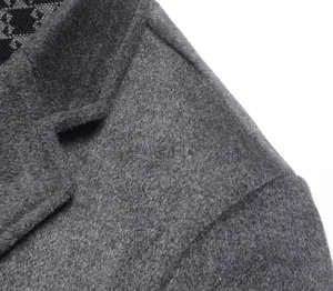 Close-up detail of grey woolen coat shoulder and lapel, thick texture, premium men apparel.