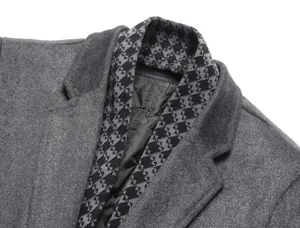 Men's winter wool blend trench coat detailed shot featuring classic houndstooth collar design.