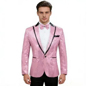 Chaqueta de esmoquin con lentejuelas rosas para hombre brillante abrigo de fiesta disco