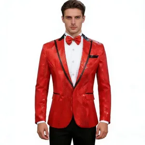 Vista detallada de la chaqueta de lentejuelas rojas para hombre, tejido brillante y solapa.