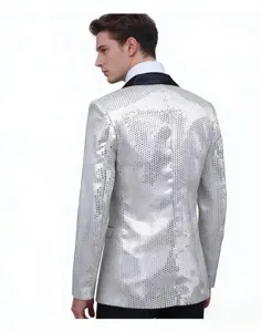 Chaqueta blazer de lentejuelas plateadas para hombre con solapa negra, ideal para fiestas y discotecas.
