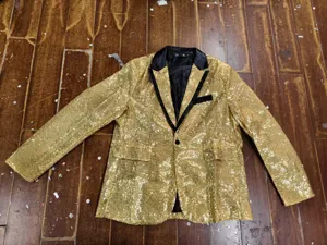Men's gold sequin blazer shiny disco suit jacket detail view for party and club wear