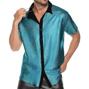 Camicia da Festa Disco con Paillettes Metalliche da Uomo Manica Corta Risvolto Bottonato Lucido Top per Costumistica da Palco per Club