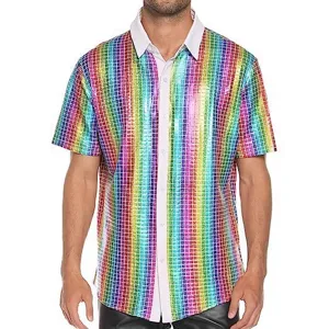 Camicia uomo paillettes arcobaleno maniche corte top disco anni 70 vista principale.