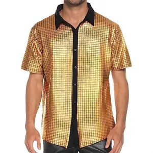 Luccicante camicia da uomo con paillettes dorate per feste disco anni settanta e cosplay.