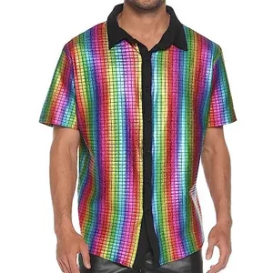 Camicia uomo maniche corte con paillettes stile disco anni 70 top lucido festa new