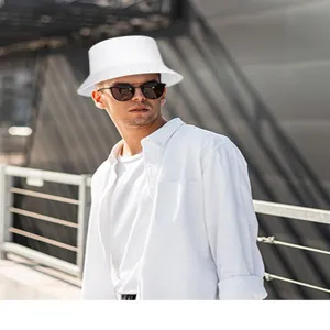 Men's casual white bucket hat and shirt detail shot, stylish outdoor summer wear.