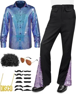 Men's 70s disco costume set featuring sequin shirt, flared pants, afro wig and accessories.