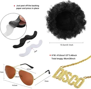 70s disco costume accessory set for men featuring afro wig, mustache, glasses and necklace.