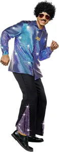 Men's 70s Retro Disco Costume Outfit Sequin Shirt Flared Pants Wig Sunglasses Set