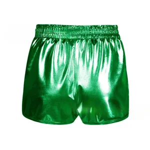 Mujer pantalones cortos brillantes metálicos verdes verano casual cintura elástica moda