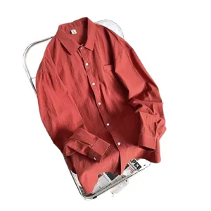 Camicia casual a maniche lunghe in lino da uomo traspirante tinta unita bottone top