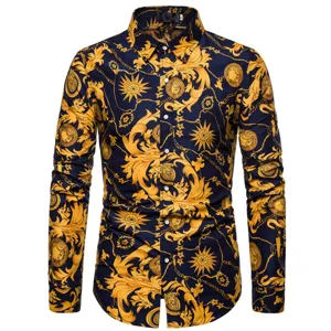 Herren Langarm luxuriöse Barock Print Freizeit Hemd mit goldenen Muster Knöpfe Top