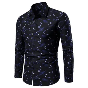 Herren Langarmshirt mit blauem Blattmuster, klassisches Revers lässiges Hemd