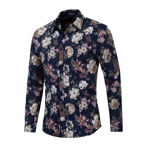 Herren Langarm Freizeithemd mit elegantem Blumenmuster, Umlegekragen und klassischer Knopfleiste.