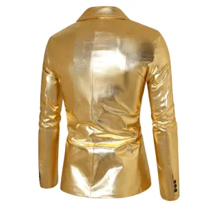 Hombres oro brillante blazer detalle trasero, elegante chaqueta de traje de moda metálica.