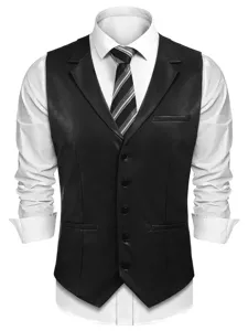 Vista dettagliata del gilet da abito in pelle nera da uomo, stile casual con scollo a V.