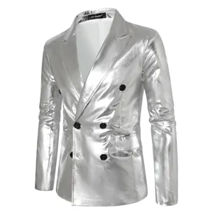 Blazer cruzado plateado brillante para hombre, chaqueta de traje elegante y de moda.