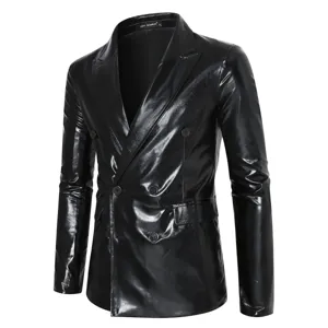 Chaqueta de blazer de doble botonadura metálica brillante para hombre elegante fiesta