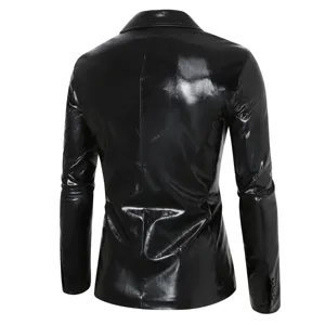 Chaqueta de traje negra brillante para hombre de cuero sintético slim fit blazer moda