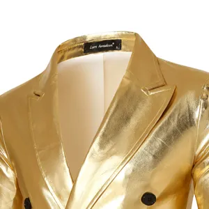 Chaqueta de traje cruzada dorada metálica brillante para hombres vista detallada, blazer.