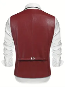 Dettaglio schiena gilet abito in ecopelle bordeaux da uomo, giacca elegante e casual slim.