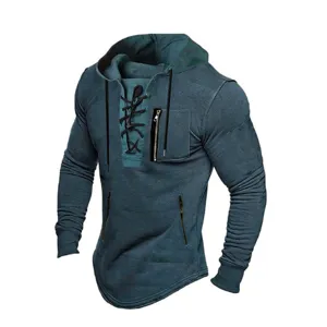 Men's stylish lace-up hooded sweatshirt with zip pockets, comfortable casual streetwear.
