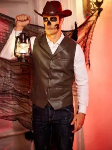 Gilet in pelle marrone uomo vintage scollo a V costume di festa di Halloween dettaglio